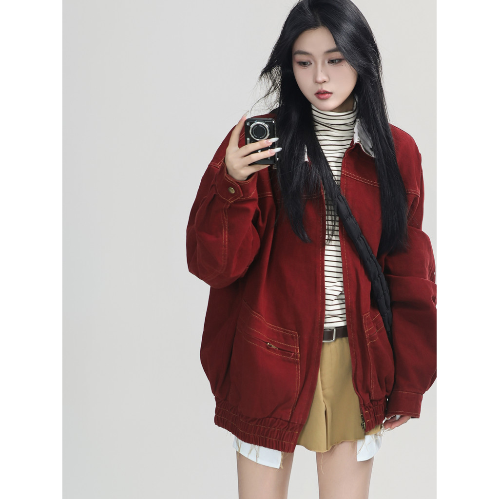 [ภาพเครือข่าย] 3J21 สีกาแฟสีแดง M--2XL P47 Little Oxford Composite Jacket