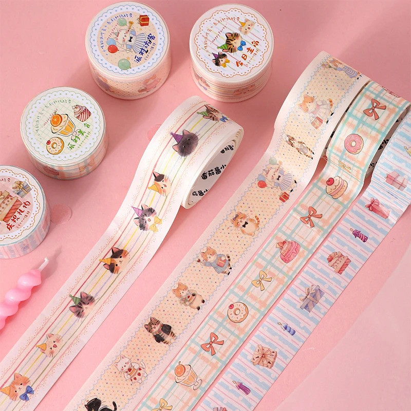 Journal GO 2M น่ารัก Cat Party Washi เทปหัตถกรรมอุปกรณ์ DIY Scrapbooking Planner JournalingCard ทําตกแต่ง Plan สติกเกอร์