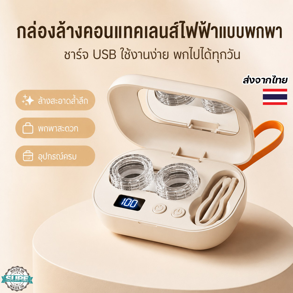 เครื่องล้างคอนแทคเลนส์แบบพกพา USB กล่องล้างเลนส์อัตโนมัติ พร้อมตลับใส่คอนแทคเลนส์ ใช้งานง่าย
