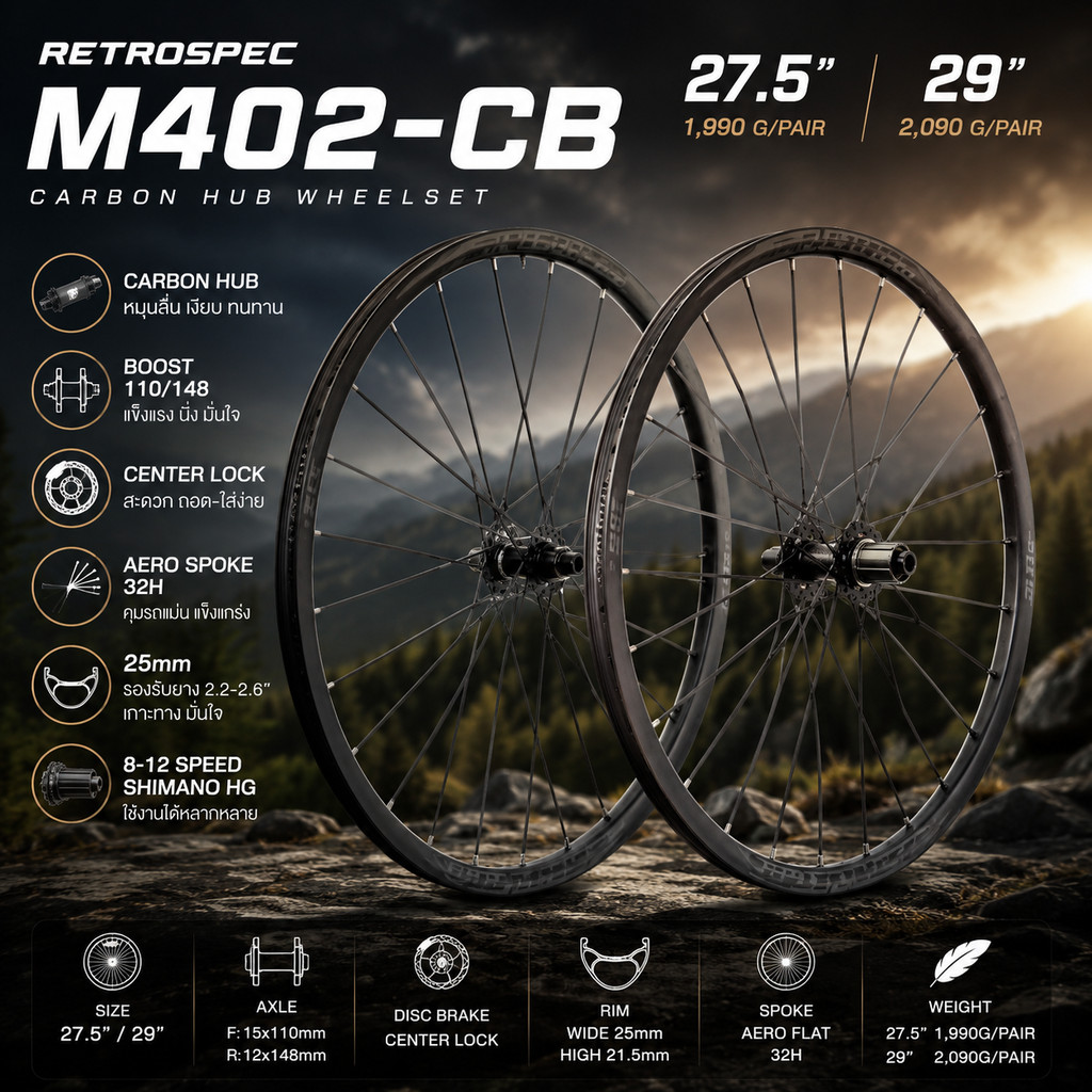 ชุดล้อเสือภูเขา RETROSPEC M402-CB 27.5/29 นิ้ว ดุมคาร์บอน Boost 110/148 Center Lock