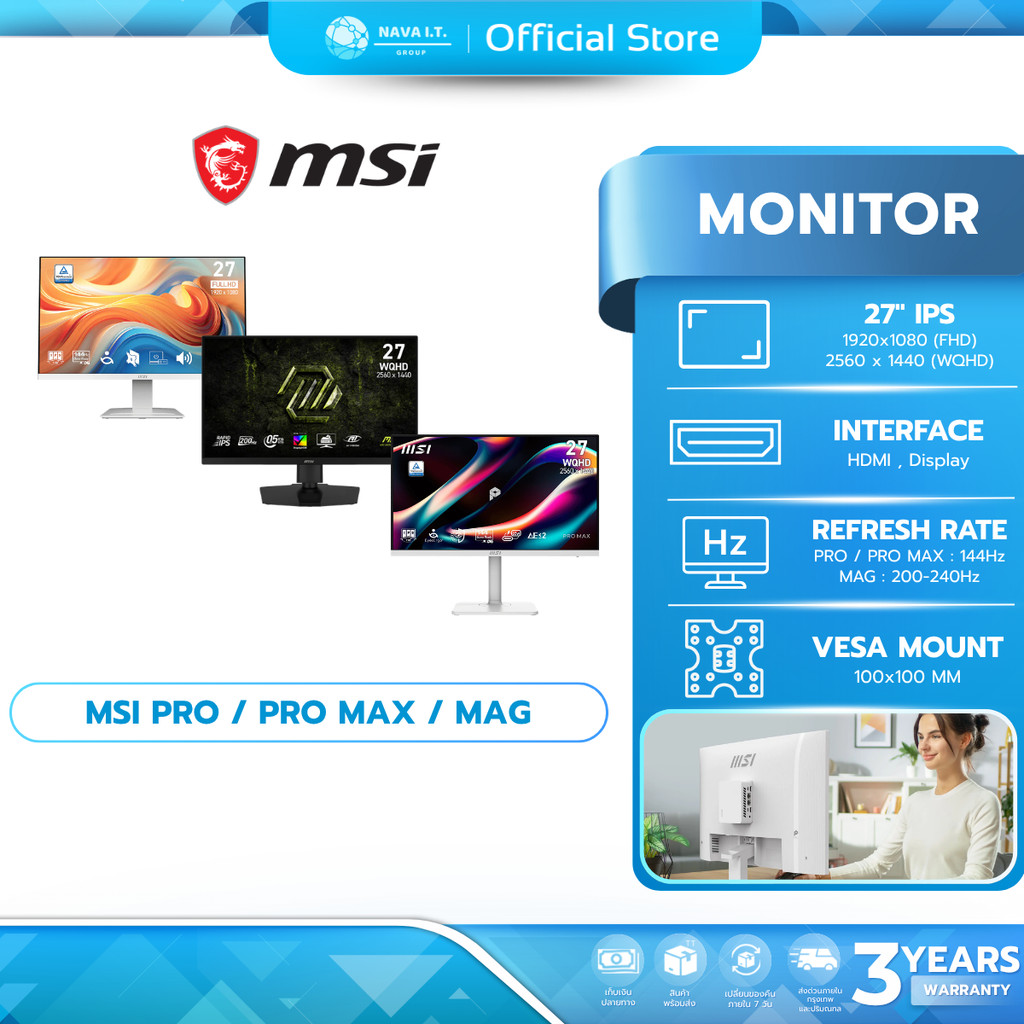 (มีส่งด่วน)MONITOR MSI 27" (จอมอนิเตอร์) PRO MP27 / MAG 27 / PRO MAX 271QPHW E14 รับประกัน 3 ปี