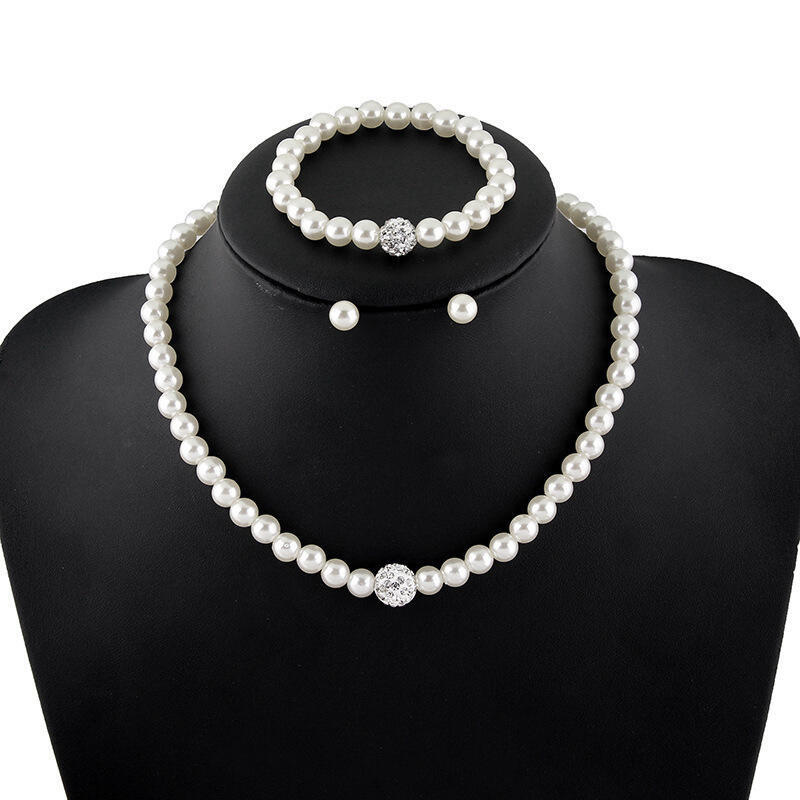 4PCS Faux Pearl สร้อยคอชุดเครื่องประดับสีขาวสร้อยคอสร้อยคอ + สร้อยข้อมือ + ต่างหูเครื่องประดับอุปกรณ