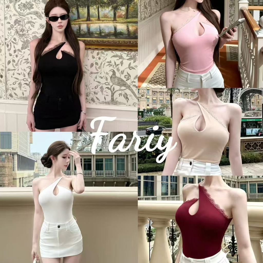 Fariy🍒คลังสินค้าพร้อม🍒  เสื้อสายเดี่ยวสีดำแบบเปิดไหล่ แต่งขอบลูกไม้ สำหรับผู้หญิง เหมาะสำหรับฤดูร้อน ทรงเข้ารูปไม่สมมาตร เปิดไหล่
