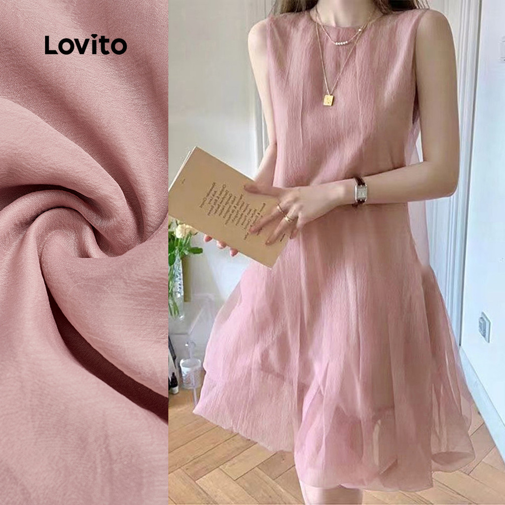 Lovito ชุดเดรสผู้หญิง สีชมพูสองชั้น หรูหรา แฟชั่นสําหรับฤดูใบไม้ผลิ/ฤดูร้อน L171ED1032