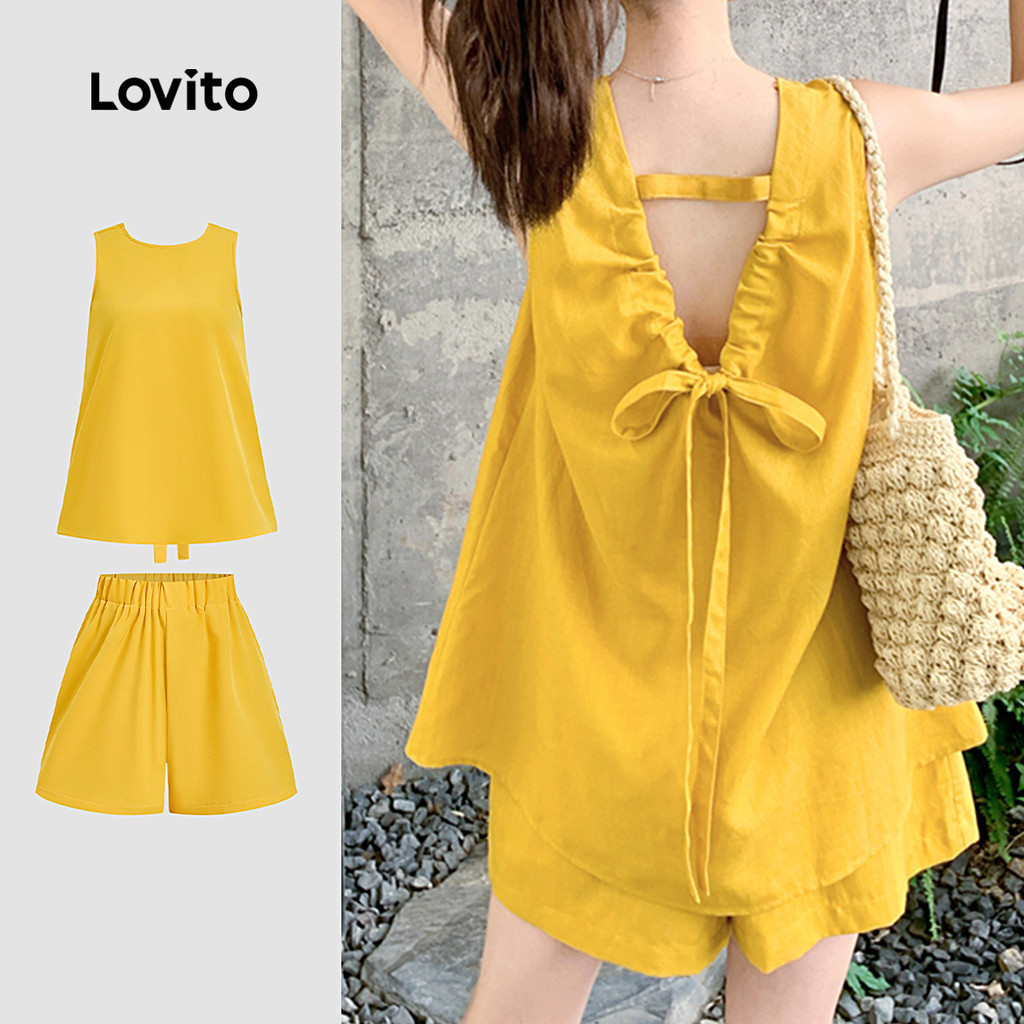 Lovito ชุดกางเกงขาสั้นลําลองแบบผูกเชือก สําหรับฤดูใบไม้ผลิ/ฤดูร้อน สีเหลือง L164LD128