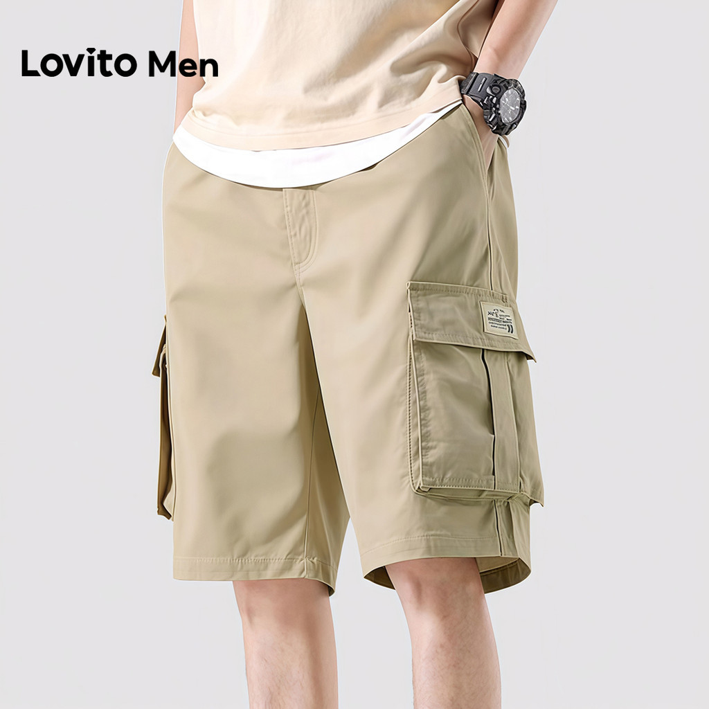 Lovito Men  กางเกงขาสั้นสีกากีสําหรับผู้ชาย ลายเส้นกระเป๋า สไตล์สบาย ๆ เหมาะกับฤดูใบไม้ผลิ/ฤดูร้อน LNE142608