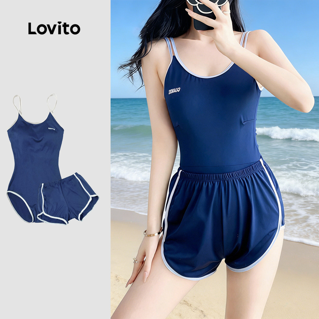 Lovito ชุดบิกินี่สปอร์ต 2 ชิ้น เซ็ตบิกินี่ผู้หญิง 2 แพ็ค ลายตัดขอบสีตัดกัน โทนสีกรมท่า ฤดูใบไม้ผลิ/ฤดูร้อน LNE143041