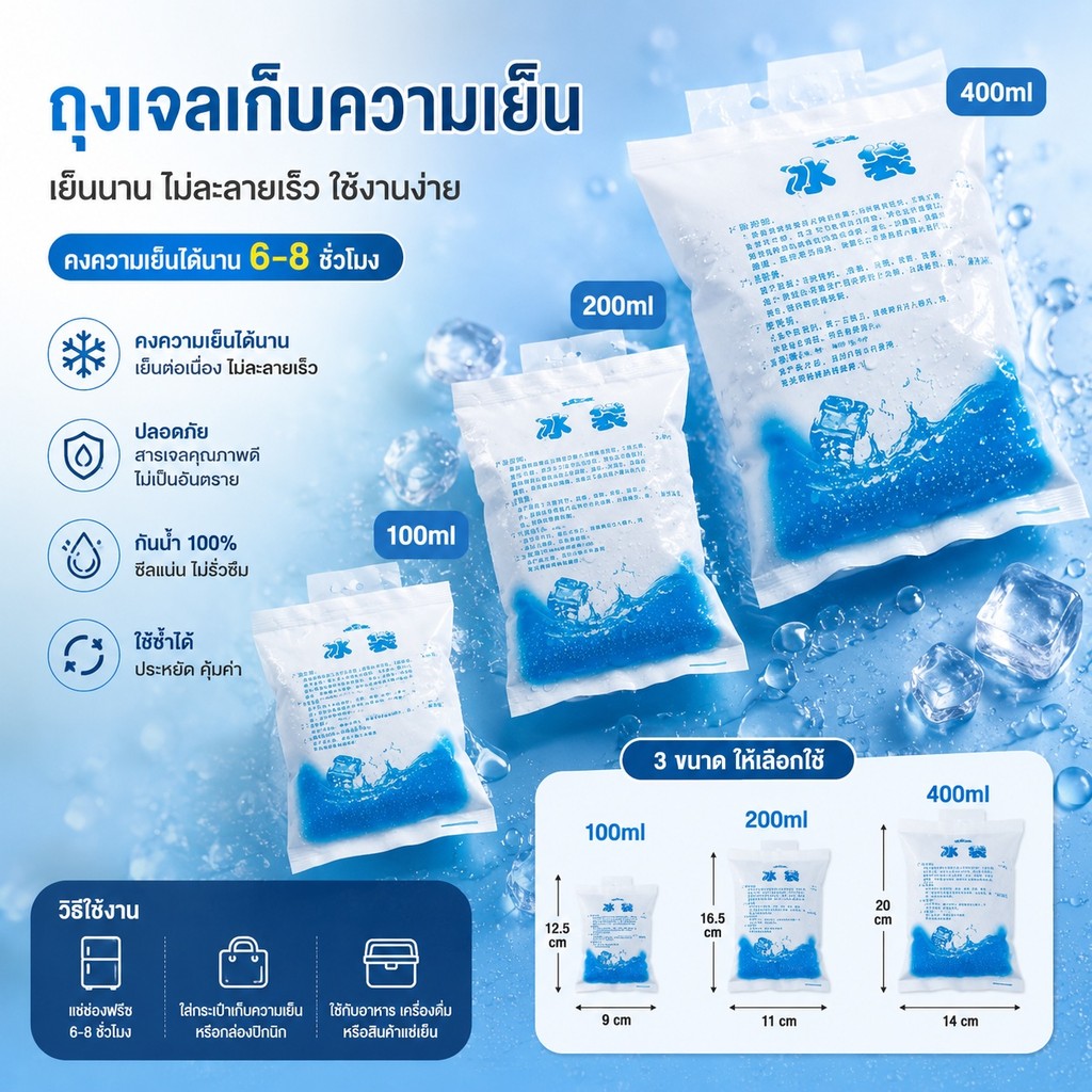 🧊ถุงน้ำแข็งใช้แล้วทิ้ง 3 ขนาด 100/200/400 ml ❄️เก็บความเย็นยาวนาน พกพาง่าย S00181