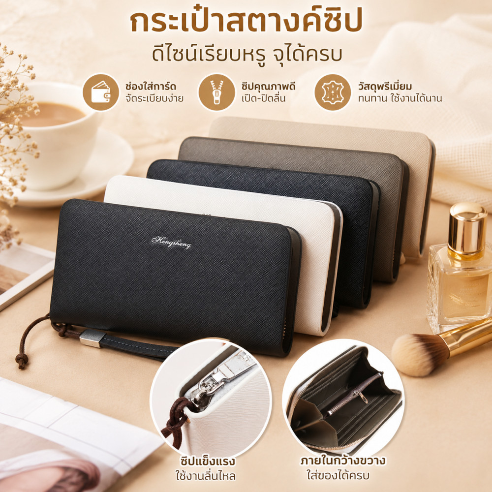 กระเป๋าสตางค์ยาวสำหรับผู้ชาย การออกแบบพื้นผิว กระเป๋าสตางค์ซิปการ์ดหลายใบ  เหมาะสำหรับการวางโทรศัพท์และที่เก็บของ