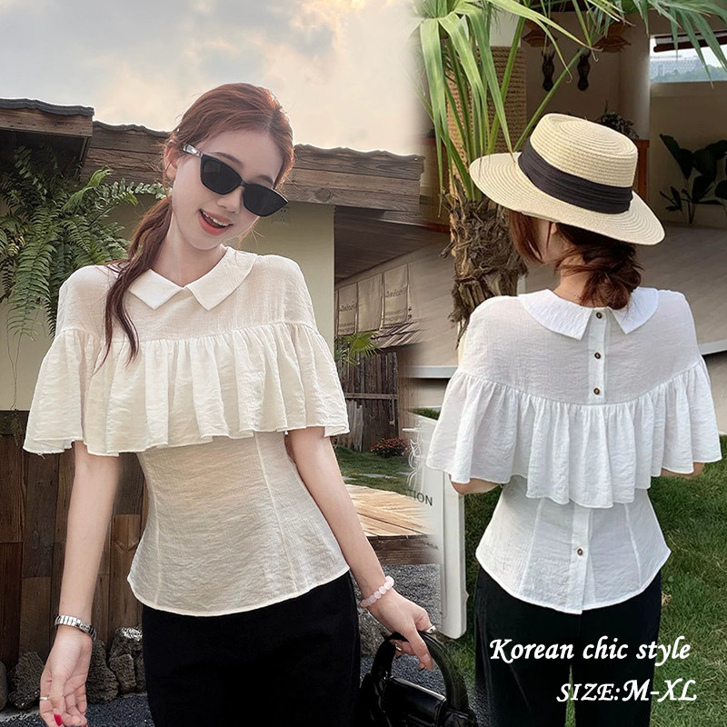 99437 พร้อมส่งไทย เสื้อเชิ้ตแขนสั้นสไตล์ฝรั่งเศส สีขาว พับริ้ว แบบคลุมไหล่ มีขอบระบาย ผ้าบางระบายอากาศ ฤดูร้อนใหม่