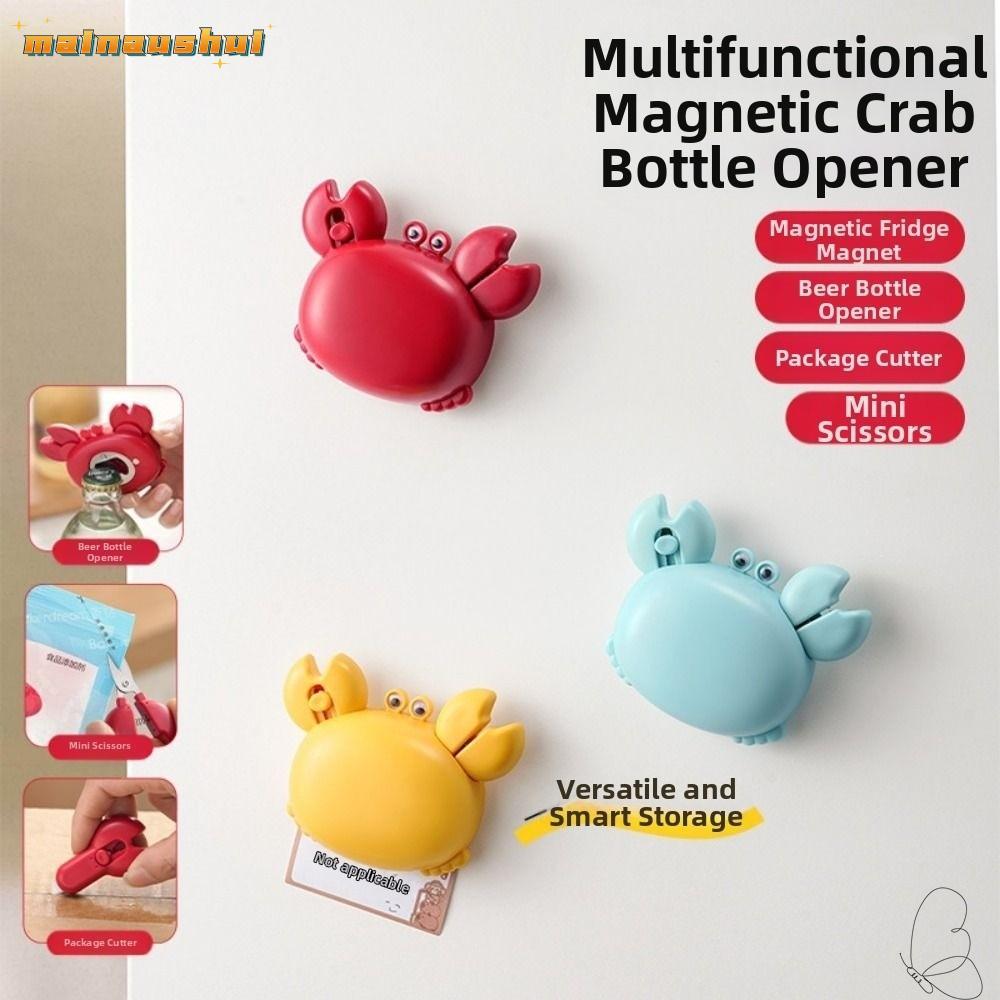 MAINAUSHUI ที่เปิดขวดแม่เหล็ก, การ์ตูนปู 4-in-1 Crab ที่เปิดขวด, พร้อม Mini Scissors & Box Cutter ที