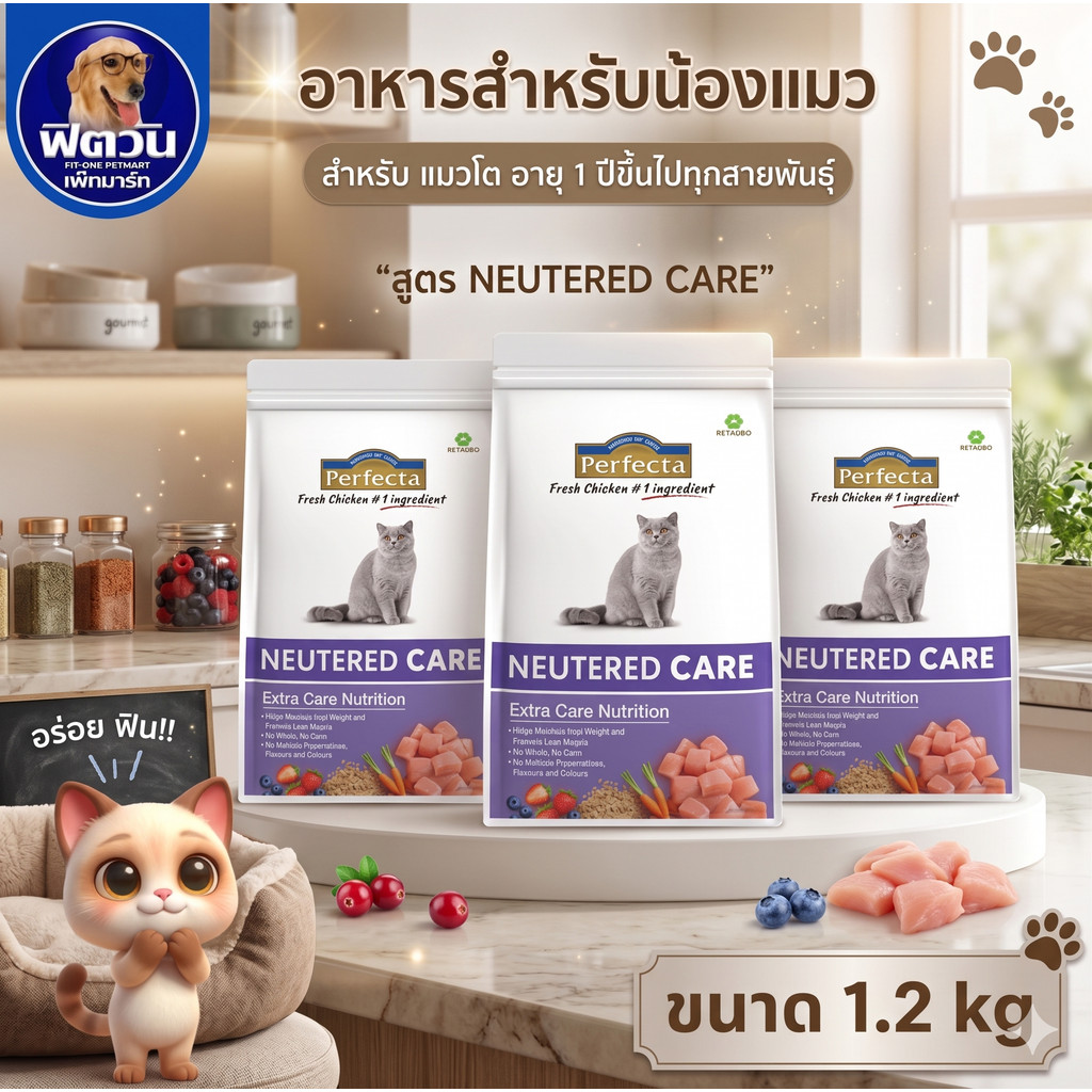 Perfecta NEUTERED CARE (ADULT) อ.แมวโต1ปีขึ้นไป ทำหมัน สูตรลดปัญหาโรคอ้วน 1.20 KG.{อาหารแมวเม็ด}