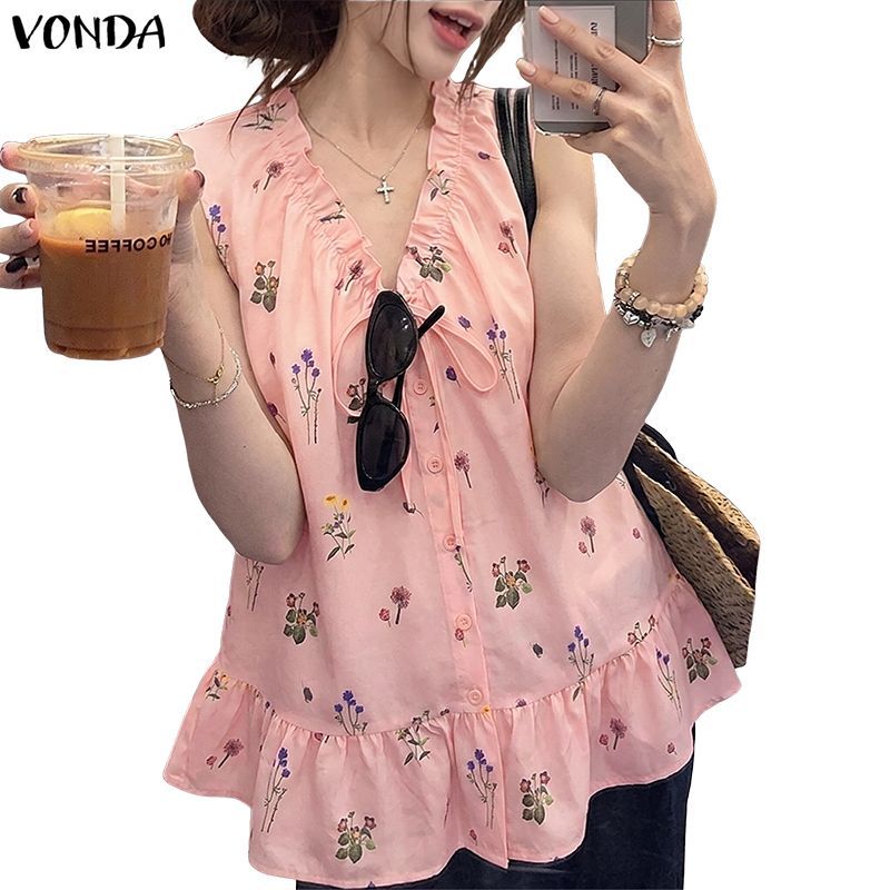 VONDA ผู้หญิงสาวเกาหลีสไตล์ V คอ Tie-Up Bows ดอกไม้พิมพ์ Ruffles Hem A-Line ถัง