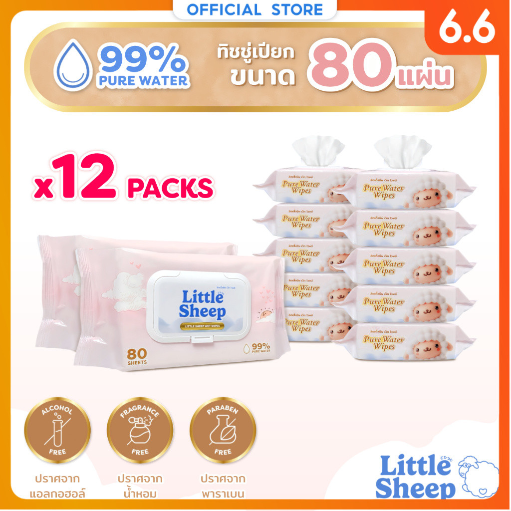 【80 แผ่น x 12 แพ็ก】 Little Sheep ทิชชู่เปียก สูตรน้ำบริสุทธิ์ 99% สำหรับเด็กทารก [ส่งฟรี]