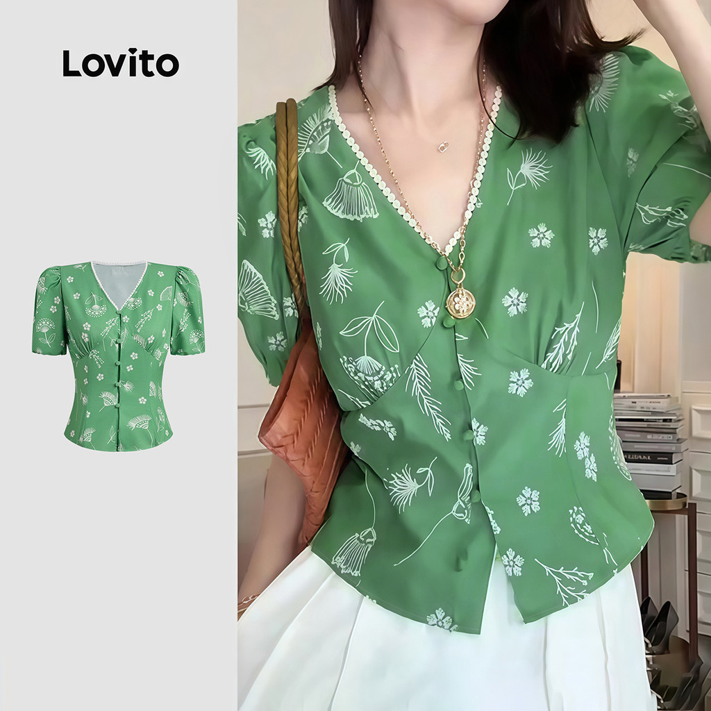 Lovito เสื้อเชิ้ตเบลาส์ลําลอง คอระบาย กระดุม ลายฤดูใบไม้ผลิ/ฤดูร้อน สีเขียวอ่อน สําหรับผู้หญิง LK4ED