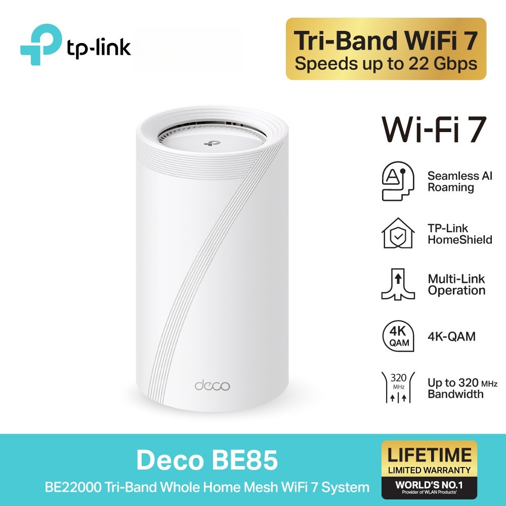 TP-Link Deco BE85 เราเตอร์ไวไฟ7 BE22000 Tri-Band Whole Home Mesh WiFi 7 System รองรับปริมาณการใช้งาน