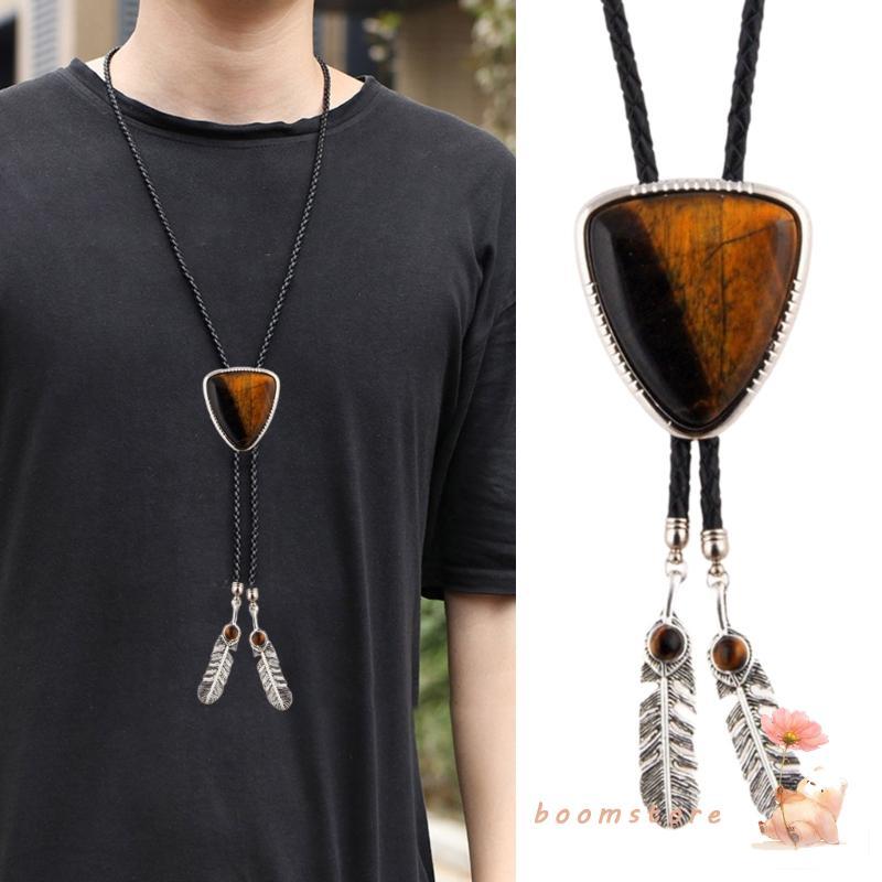 Boom Bolo Tie สําหรับผู้หญิงผู้ชายคาวบอยตะวันตก Bolo Tie Vintage สามเหลี่ยมหินหนังเชือกเนคไท Feathered สร้อยคอ