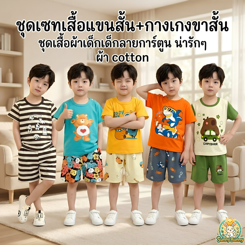 ใหม่ ชุดเซทเสื้อแขนสั้น+กางเกงขาสั้น ชุด เสื้อผ้าเด็กเด็กลายการ์ตูน น่ารักๆ ผ้า cotton ขนาด 73-120 เด็กผู้ชาย