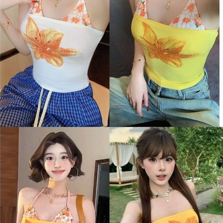 5559#美式辣妹拼接印花抹胸背心女夏季性感超短款露脐吊带两件套