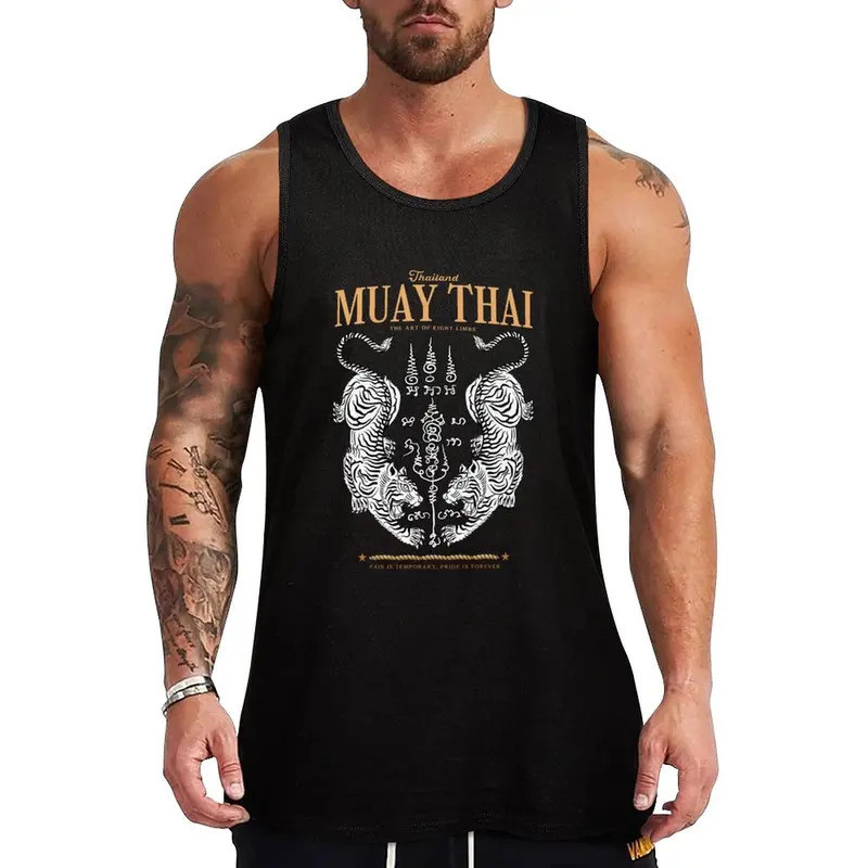 เสื้อกล้ามผ้าฝ้าย100% ผู้ชาย ลาย MUAY THAI เสือคู่คาถาสักยันต์ สไตล์มวยไทยโบราณ ออกกำลังกายประจำวัน S-3XL