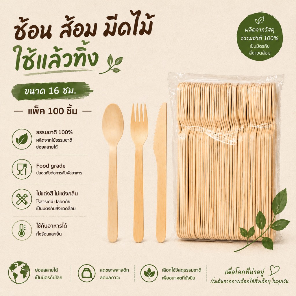 ช้อนส้อมไม้ 16cm ช้อน ใช้แล้วทิ้ง 100ชิ้น ช้อนไม้ ส้อมไม้ มีดไม้ ช้อนชิม ของใช้ในครัว จานอาหาร