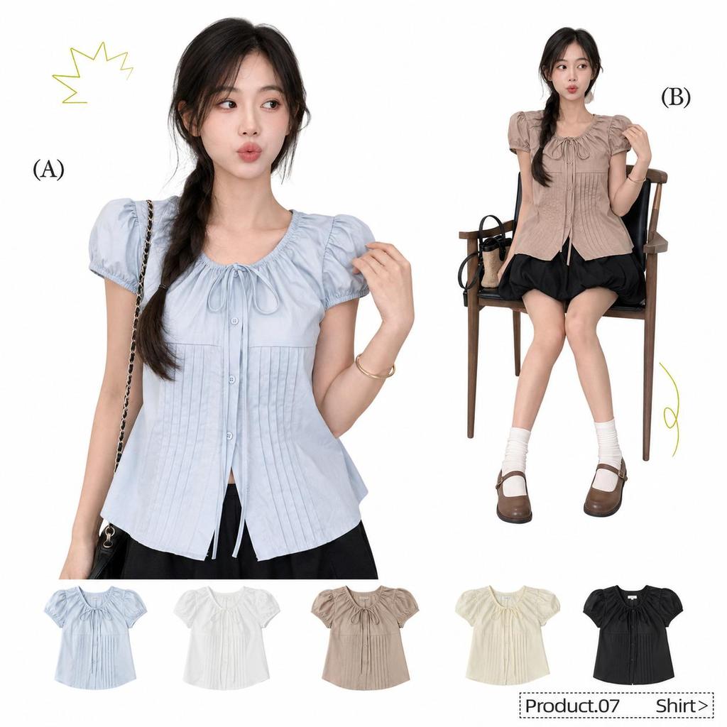 Chili Koko เสื้อเชิ้ตผู้หญิงสีขาว สไตล์ฝรั่งเศส แขนสั้น ฤดูร้อน ดีไซน์ผูกเอว จีบหน้าอก ทรงสวย ใส่แล้วผอม w569