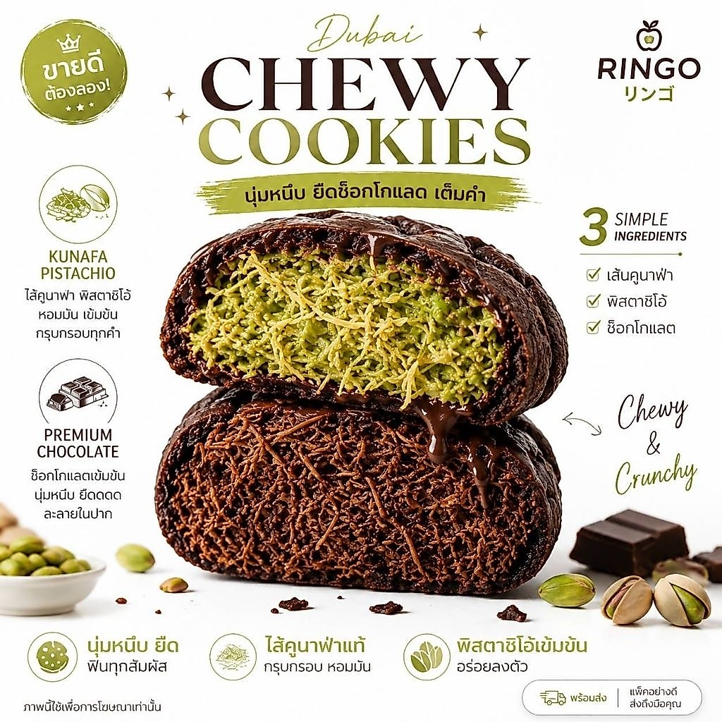 ดูไบช้อคโกเเลตชิววี่คุกกี้ Dubai Chocolate Chewy Cookie(1กล่อง/3ลูก)Homemadeไม่มีสารกันบูด