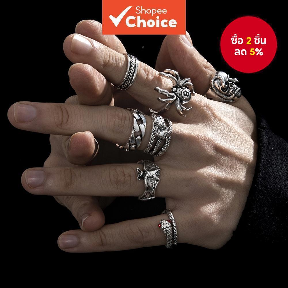 7ชิ้นรูปแบบใหม่ย้อนยุคฮิปฮอปสไตล์มืดกะโหลกแมงมุม8-ตัวอักษรแหวนสร้างสรรค์ที่ไม่ซ้ํากันโลหะงูแหวนชุด