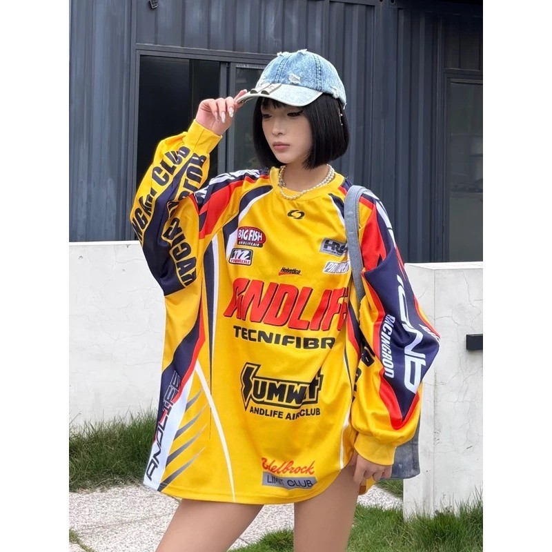 SUIKONE ซุยโคเนะ เสื้อยืดแขนยาวชุดแข่งอเมริกันแบรนด์อินเทรนด์คู่สไตล์เป็นกลาง — صورة 8