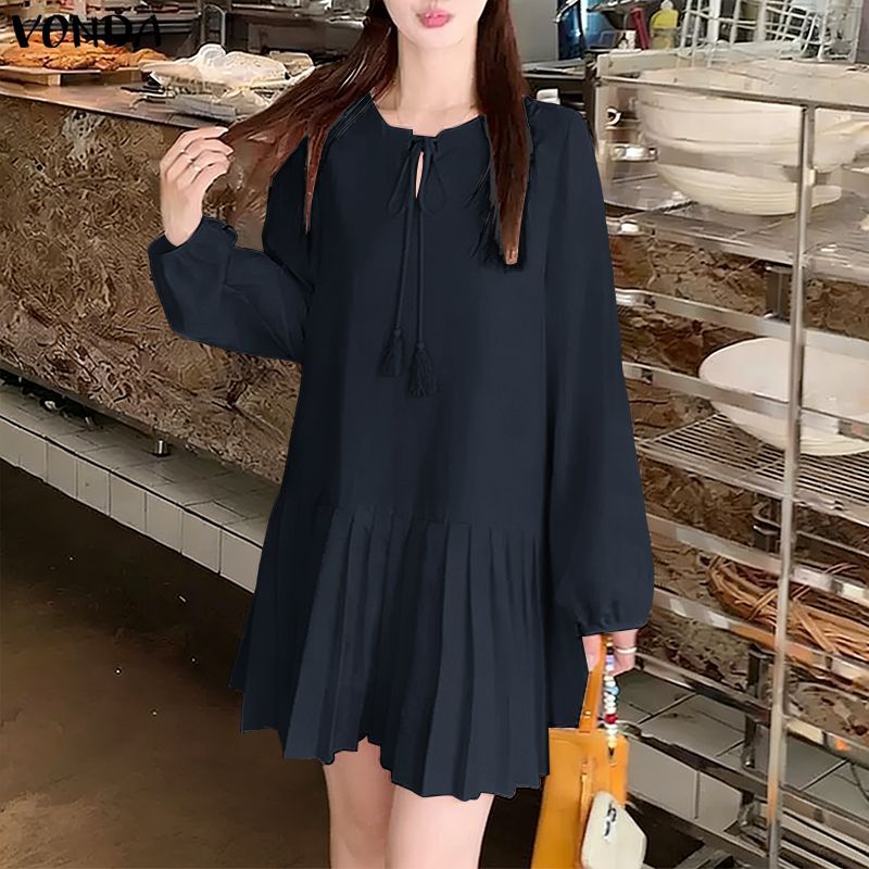 VONDA ผู้หญิงเกาหลีสไตล์ลําลองรอบคอ V Notch Tie พู่ชีฟอง Spliced ยืดหยุ่น Cuff พัฟแขนหลวมเสื้อสวมหัววันหยุดแขนยาวมินิเดรส — صورة 5