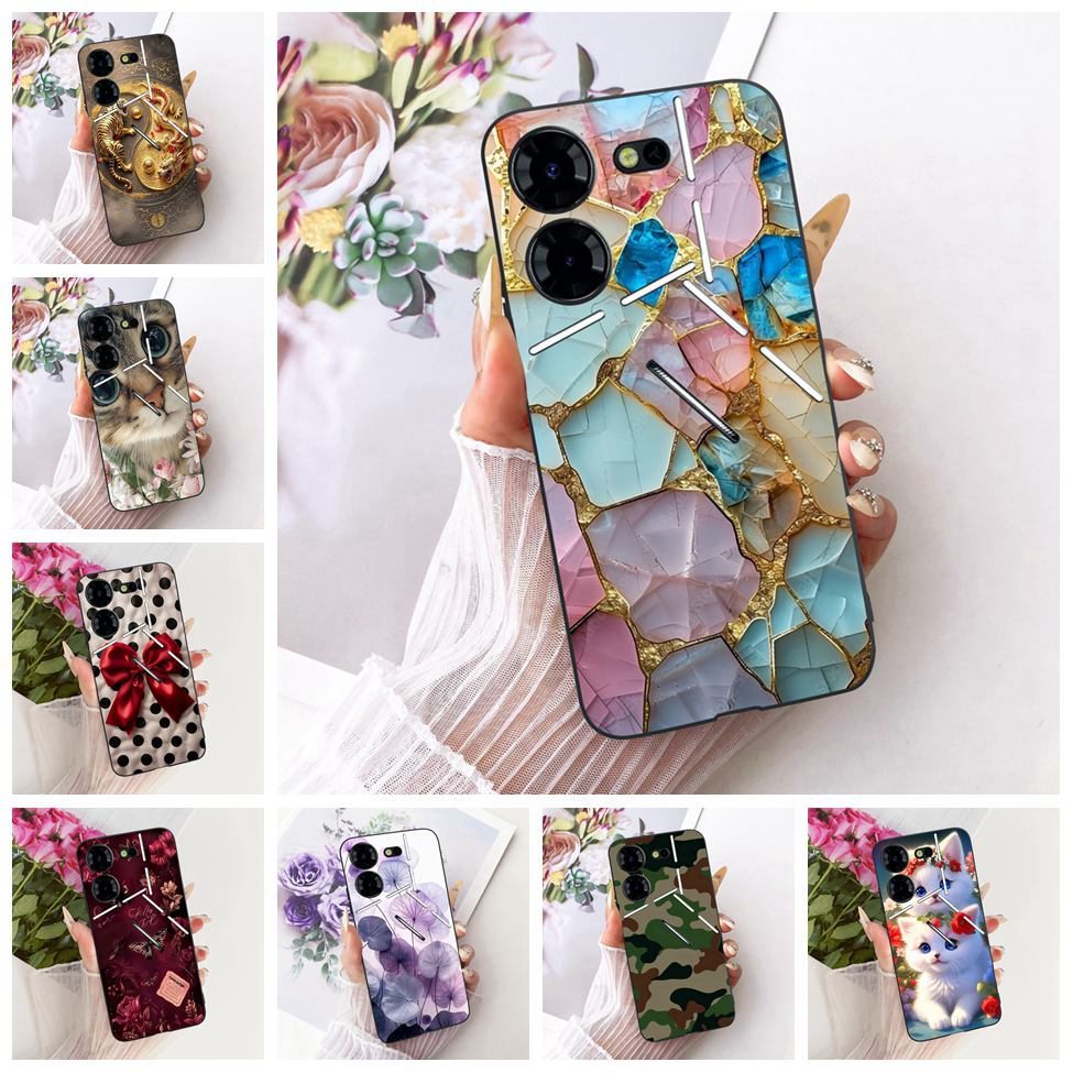 สําหรับ Techno Pova 5 Pro LH8n เคสโทรศัพท์สําหรับ Tecno Pova 5 Pro กรณีซิลิโคนแมวน่ารักหรูหราดอกไม้ 