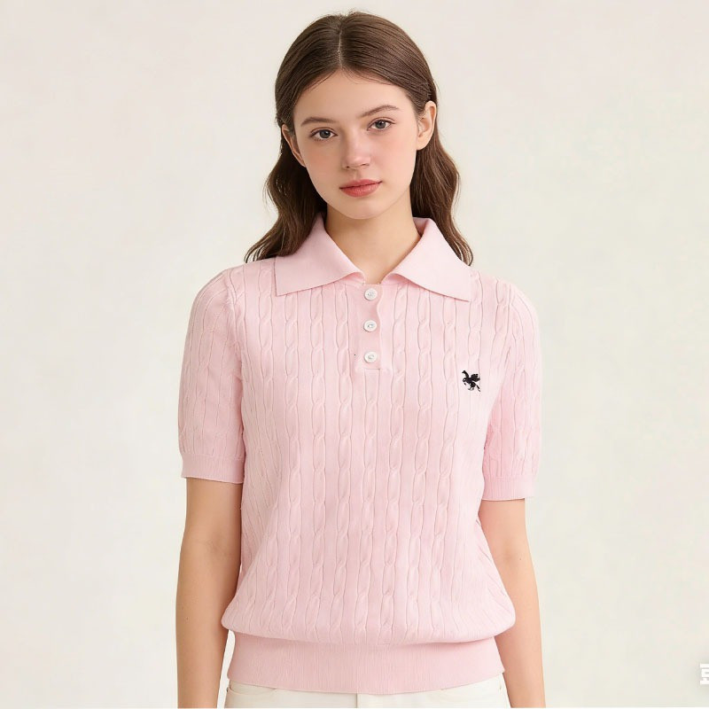 POLO เสื้อโปโลถักนิตติ้งแขนสั้นลายเชือกกลม สำหรับผู้หญิง นุ่มสบาย