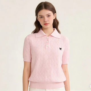 T8003 POLO เสื้อโปโลถักนิตติ้งแขนสั้นลายเชือกกลม สำหรับผู้หญิง นุ่มสบาย