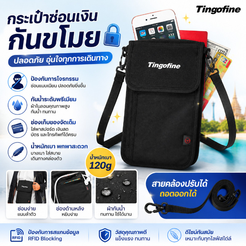 กระเป๋าซ่อนเงิน กันขโมย RFID กระเป๋าพาสปอร์ต ใส่บัตร กันน้ำ เดินทาง ยูนิเซ็กส์ ช่องเยอะ