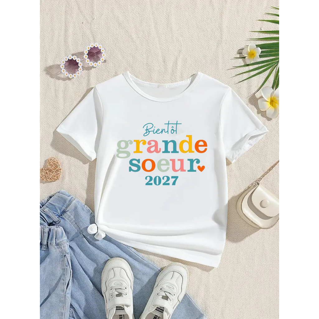 Soon Big Sister 2027 พิมพ์ T เสื้อเด็กหญิงการตั้งครรภ์ประกาศเสื้อยืด Kawaii เสื้อผ้าเด็ก