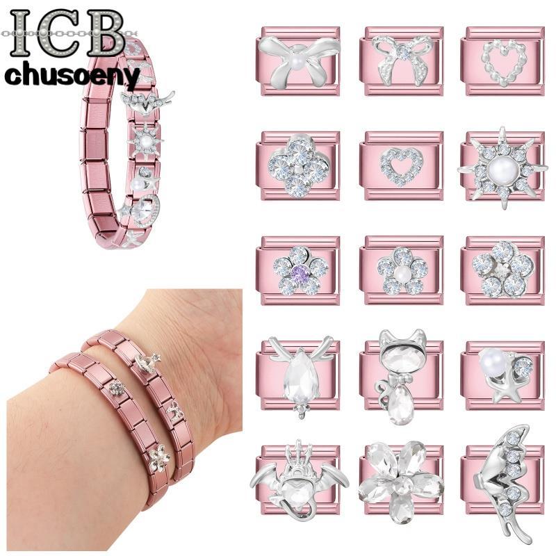 ไอซีบี เพชรสีชมพูโบว์ดอกไม้อิตาลีเสน่ห์สร้อยข้อมือพอดี9มิลลิเมตรสแตนเลส ทําเอง เครื่องประดับทําอุปกรณ์บุคลิกภาพโมดูลสร้อยข้อมือเครื่องประดั