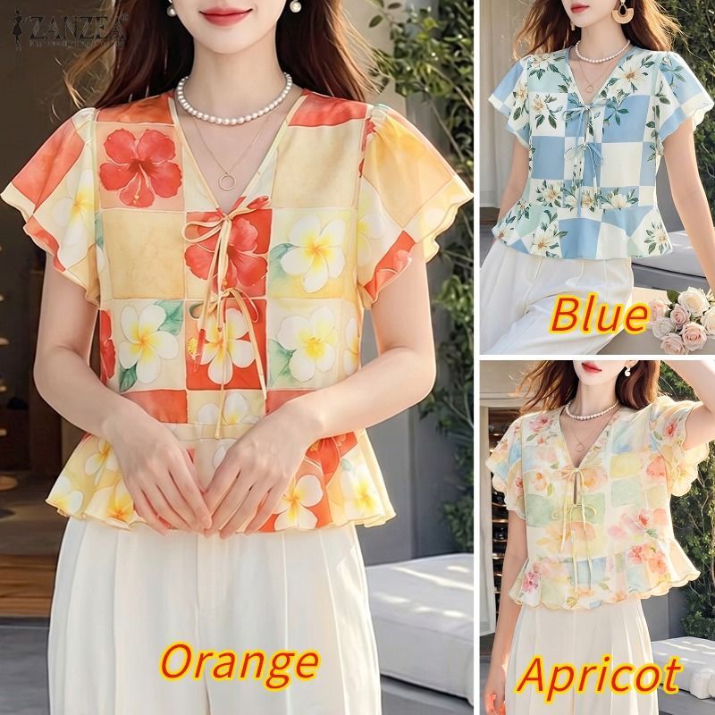 ZANZEA ผู้หญิงเกาหลี Elegant Art ความงาม V คอ Ruffle แขน Tie-Up Bows ดอกไม้พิมพ์ A-Line เสื้อ — صورة 3