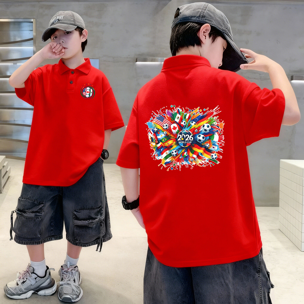 เสื้อโปโลสำหรับเด็ก ลายฟุตบอลโลก 2026 สหรัฐฯ แคนาดา และเม็กซิโก แขนสั้น ผ้าฝ้าย Polo
