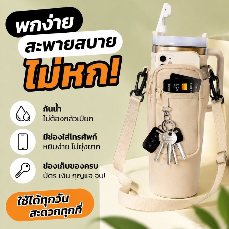 กระเป๋าแก้วน้ำ กระเป๋าใส่ขวดน้ำ 40 ออนซ์ ผ้ายืดนุ่ม กันรอย มีสายสะพาย ช่องใส่ของ พกพาง่าย