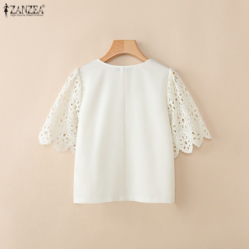 ZANZEA ใส่ ซานเซีย ผู้หญิงเกาหลีหรูหราหรูหราสแควร์คอแขนบานกลวงลูกไม้โครเชต์เสื้อ — صورة 8