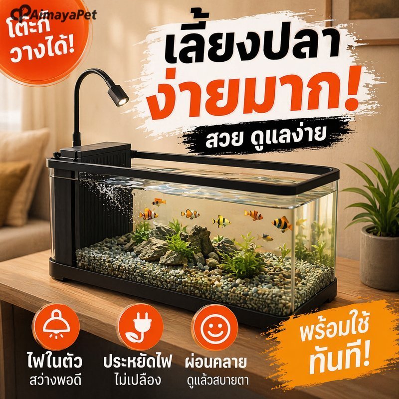 AimayaPet ตู้ปลา ตั้งโต๊ะ อะคริลิกใส กรองน้ำ น้ำตก ไฟLED ระบบปั๊ม ตู้ปลาเล็ก เลี้ยงปลากัด กุ้ง แต่งบ้าน