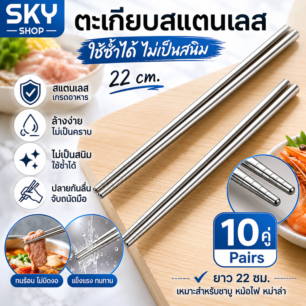 SKY ตะเกียบสแตนเลส 22 ซม. 10 คู่ ใช้ซ้ำได้ ไม่เป็นสนิม จับถนัดมือ สำหรับชาบู หม้อไฟ หม่าล่า Stainless Steel Chopsticks