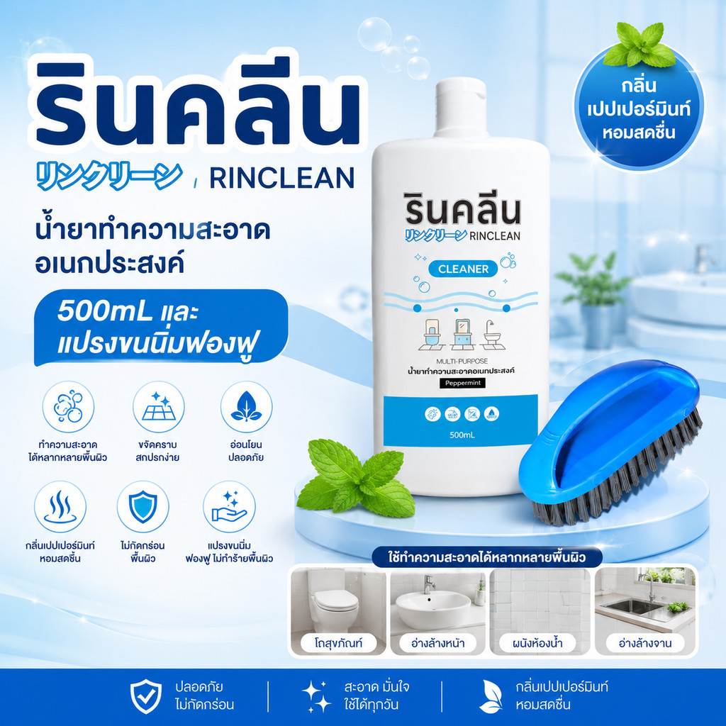 เซ็ตทำความสะอาดพรีเมี่ยม 3 | รินคลีนแบบขวด 500ml คู่กับ แปรงขนนิ่มฟองฟู คุ้มเมื่อซื้อคู่กัน