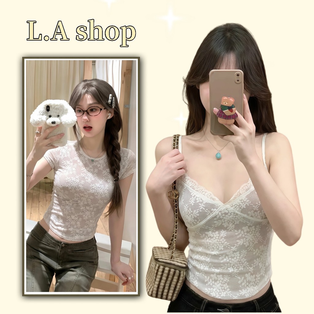 L.A Shop พร้อมส่ง เสื้อกล้าม สายเดี่ยว เสื้อแขนสั้น คอกลม ลูกไม้สีขาว ดูผอมลง -FY10191+FY5238