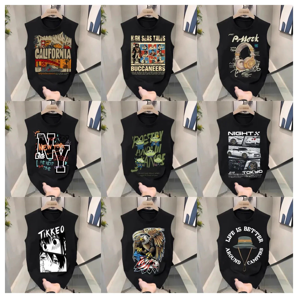 [Autuoman]เสื้อยืดคอกลมแขนกุด ลายสวยทรงเท่ เสื้อยืดผู้ชายสีดำClothing Man