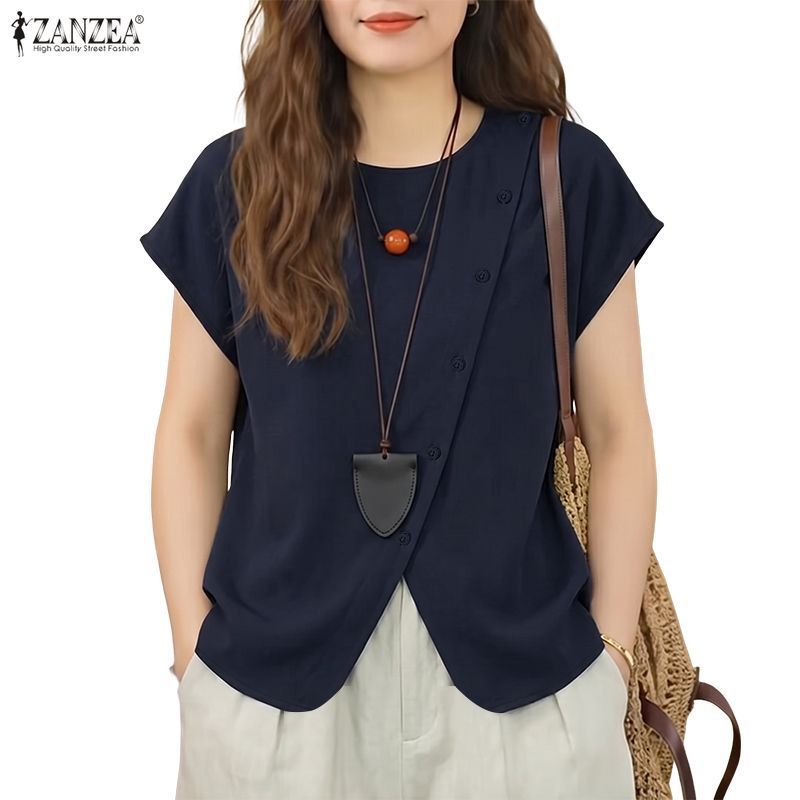 ZANZEA ผู้หญิงวินเทจ Minimalist Casual คอกลม Raglan แขนเอียงปุ่ม Slit Hem เสื้อเบลาส์แข็ง