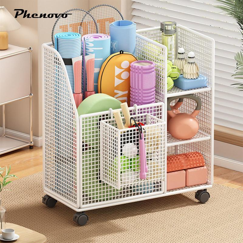 [chiwanji1jj] ชั้นเก็บเสื่อโยคะมัลติฟังก์ชั่นพร้อมล้อเหล็ก Home Gym Organizer สําหรับดัมเบล Kettlebe