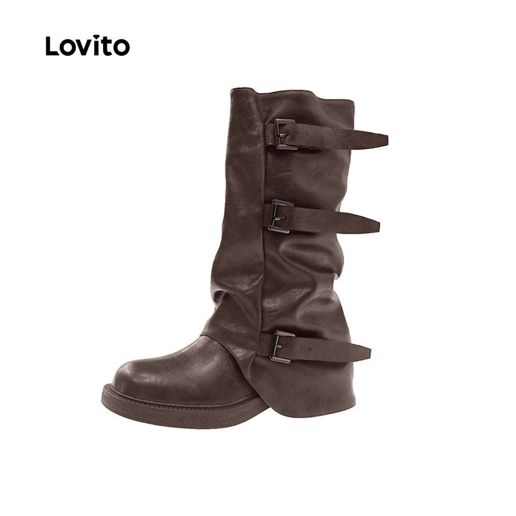 Lovito รองเท้าบูทสไตล์เรโทรแบบสบายๆ สำหรับผู้หญิง LFA100056