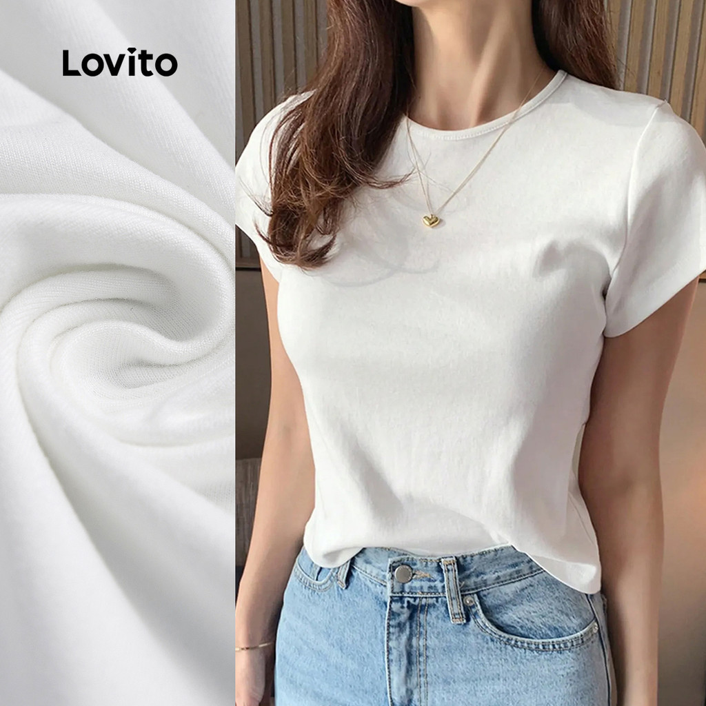 Lovito แคชชวล เสื้อยืดลําลองสีขาวสําหรับฤดูร้อน/ฤดูใบไม้ผลิ สําหรับผู้หญิง LK2AD1143