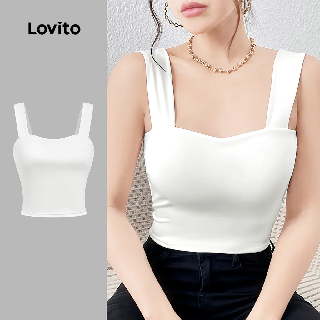Lovito เสื้อแคชชวลทรงเข้ารูปเซ็กซี่ คอผูกด้านหลัง ดีไซน์มินิมอล ยืดหยุ่นได้ดี สีขาว สำหรับผู้หญิง เหมาะสำหรับฤดูใบไม้ผลิ/ฤดูร้อน L178ED307